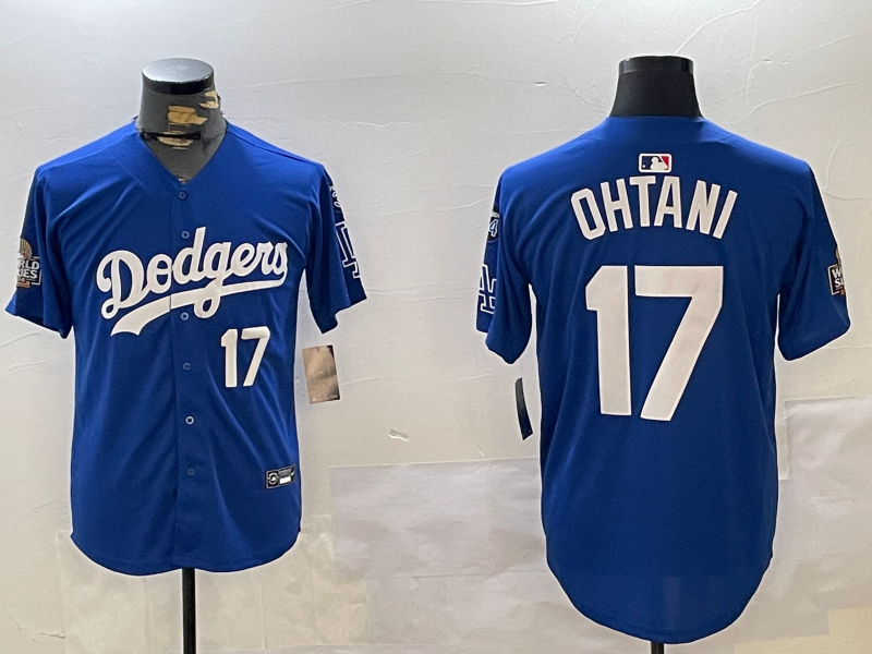 Men Los Angeles Dodgers 17 Ohtani 2024 World series patch blue jersey 20241120125